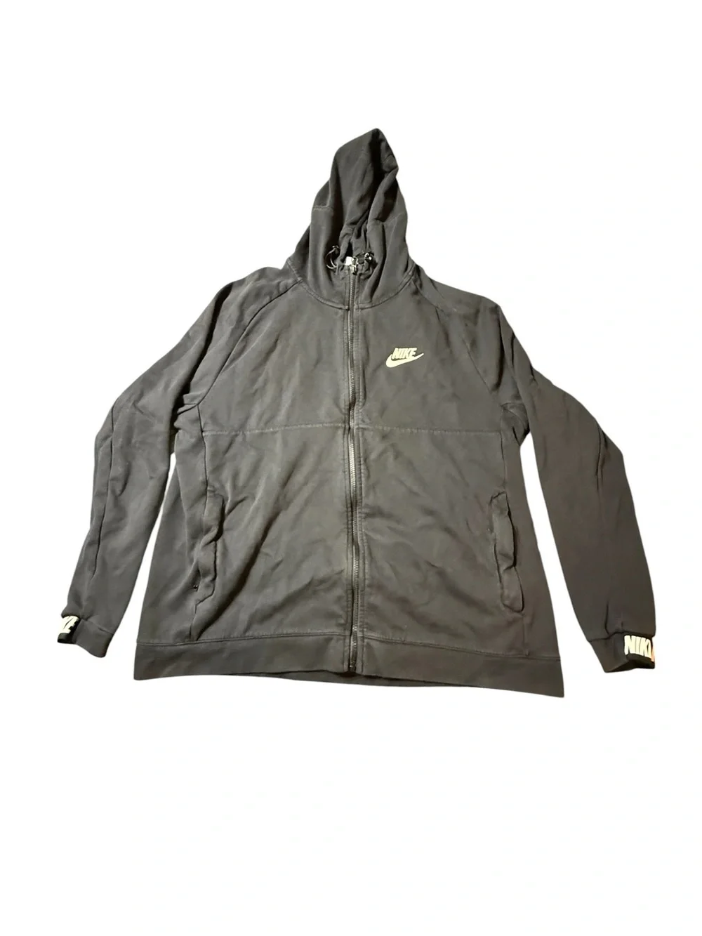 Nike Mens XL Full Zip Hoodie Black Sweatshirt Spellout Cuff Logo Jacket